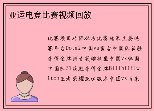 亚运电竞比赛视频回放